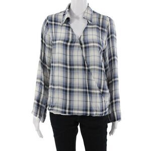 Single Womens Blue Floral Plaid Rayon V Neck Long Sleeve Blouse Size XS